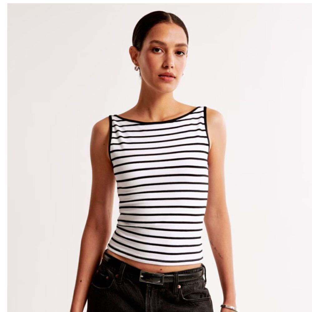 Abercrombie & Fitch Boatneck Tank Top Cotton-Blend Black White Stripe NWT